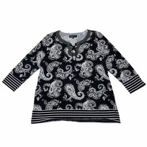 JONES New York Black White Paisley Striped Long Sleeve Tie Bust Blouse